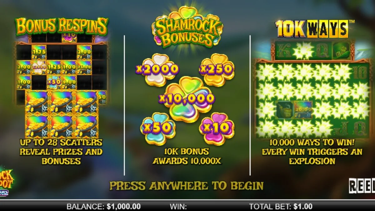 Interface do slot Shamrock Money Pot Big Bang com elementos temáticos irlandeses e espaciais.