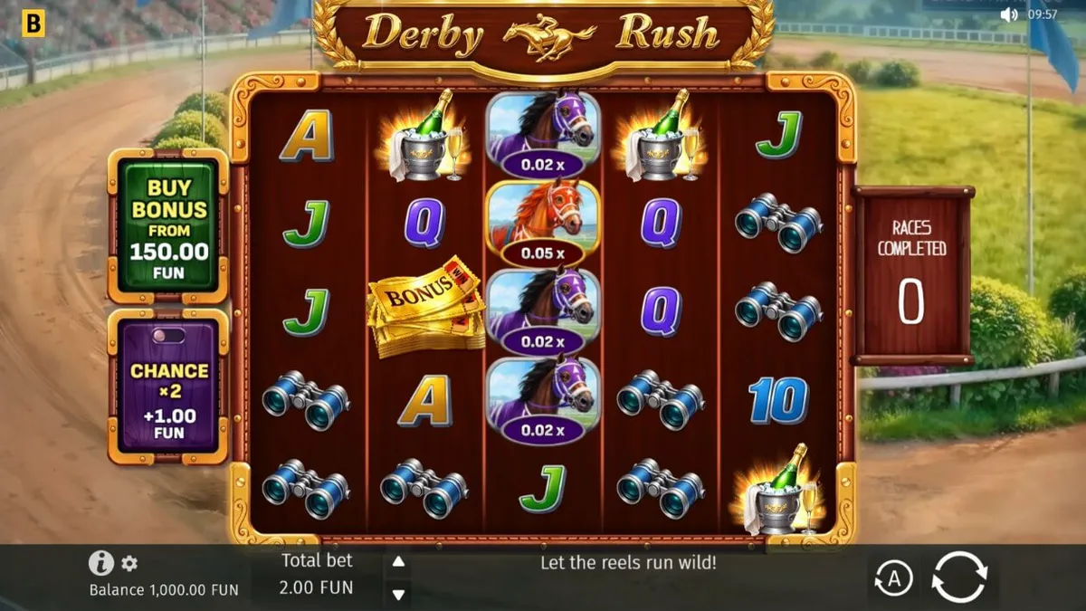 Interface do jogo de slot Derby Rush com tema de corrida de cavalos